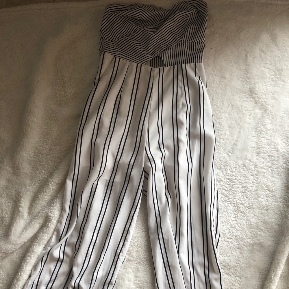 white stripped strapless jumpsuit